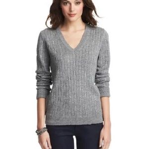 Loft gray sparkle lurex v-neck cable knit sweater